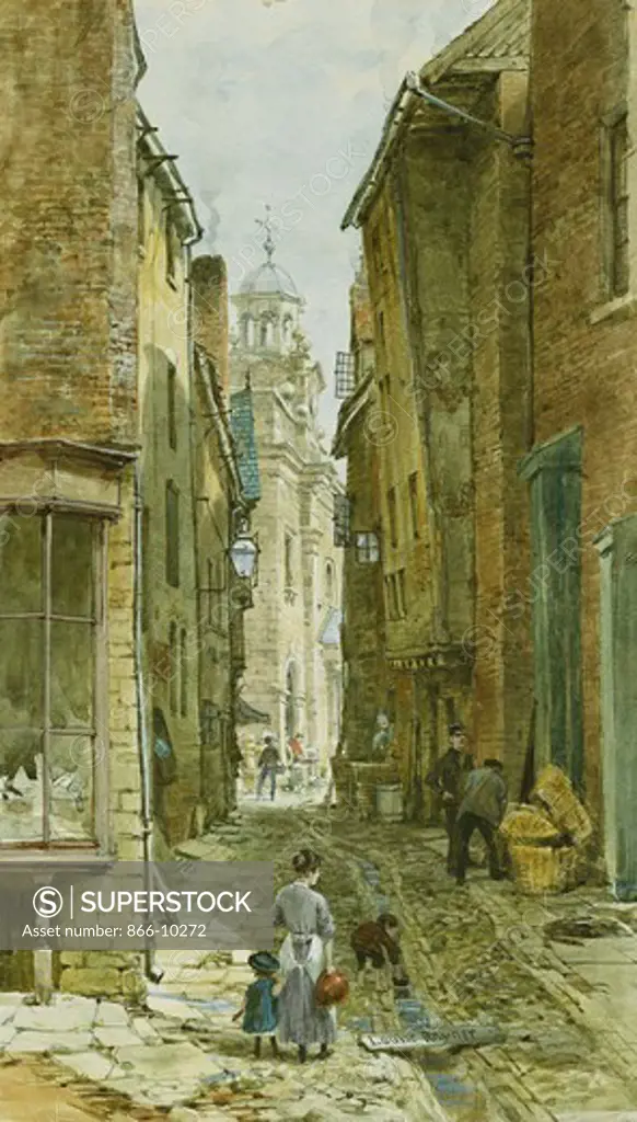 Figures in Harp Lane, Ludlow. Louise Rayner (1832-1924). Pencil and watercolour heightened with white. 31.1 x 17.8cm.