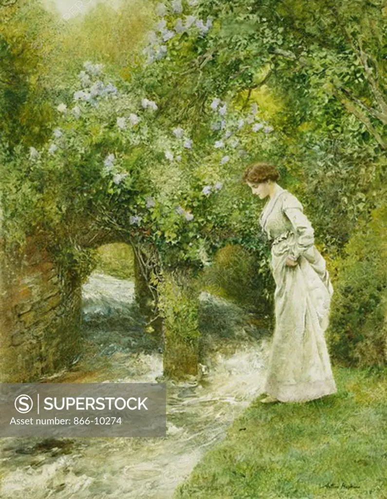 The Mill Stream in Spring. Arthur Hopkins (1848-1930). Watercolour heightened with white. 45.7 x 35.6cm.