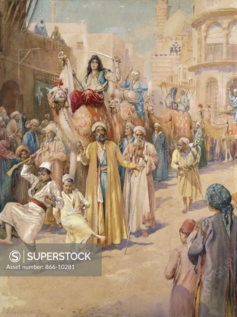 An Arab Wedding Procession Through Cairo. James Shaw Crompton (1853-1916). Watercolour and bodycolour. 74.9 x 57.1cm.