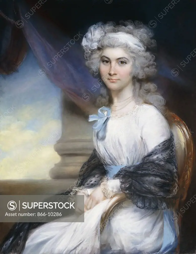 Portrait of Miss Sophia Vansittart, Three-Quarter Length, Wearing a White Dress with a White Ribbon About Her Powdered Hair and a Black Shawl Draped About Her Shoulders, Seated Beside a Classical Column. John Russell (1745-1806). Pastel. 90.1 x 69.2cm.