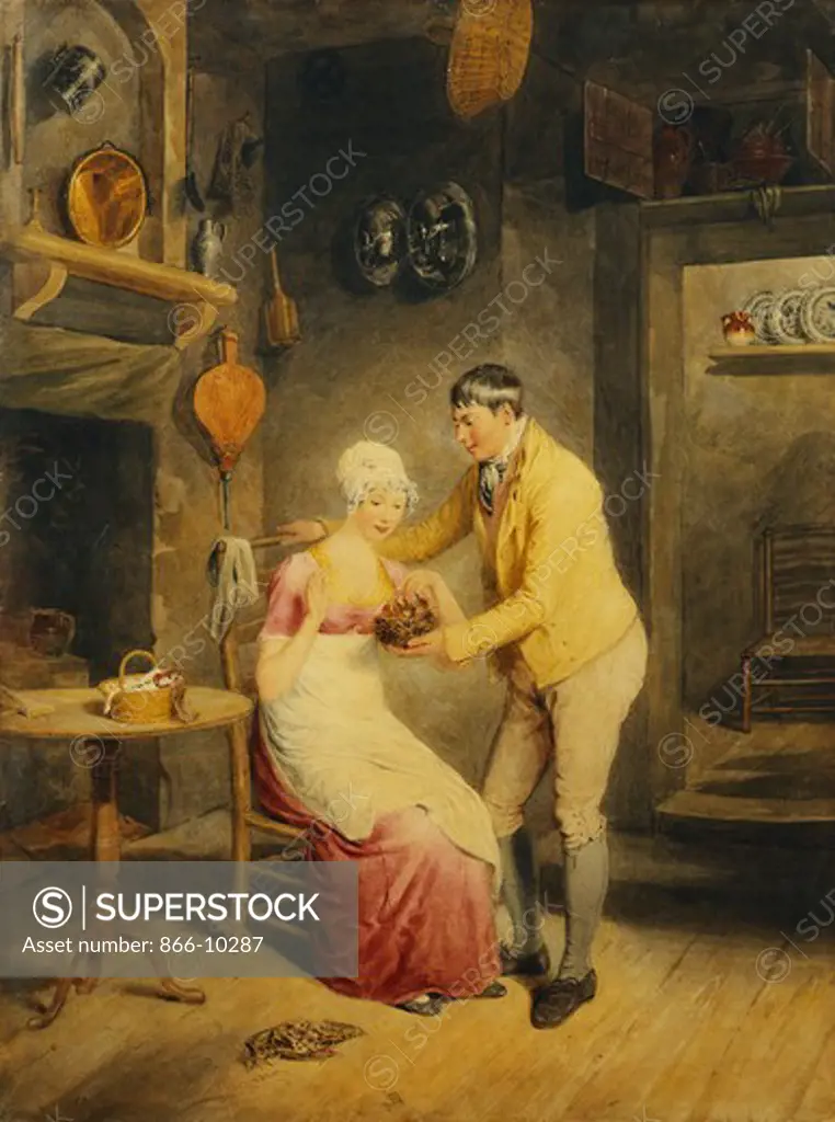 Idle Moments: a Boy Showing a Girl a Nest of Fledgelings in an Interior. Thomas Heaphy (1775-1835). Pencil and watercolour. 61.9 x  46.7cm.