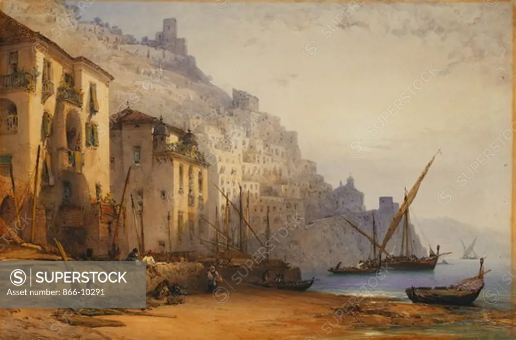 Amalfi from the Shore - A Summer's Morning. William Callow (1812-1908). Pencil and watercolour. Signed and dated 1887. 56.2 x  84.5cm.