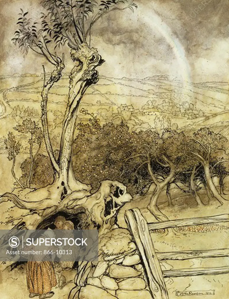 'So Nobody Can Quite Explain Exactly Where the Rainbows End'. Arthur Rackham (1867-1939). Pen and black ink and watercolour. Signed and dated 1914. 29.1 x 22.5cm.