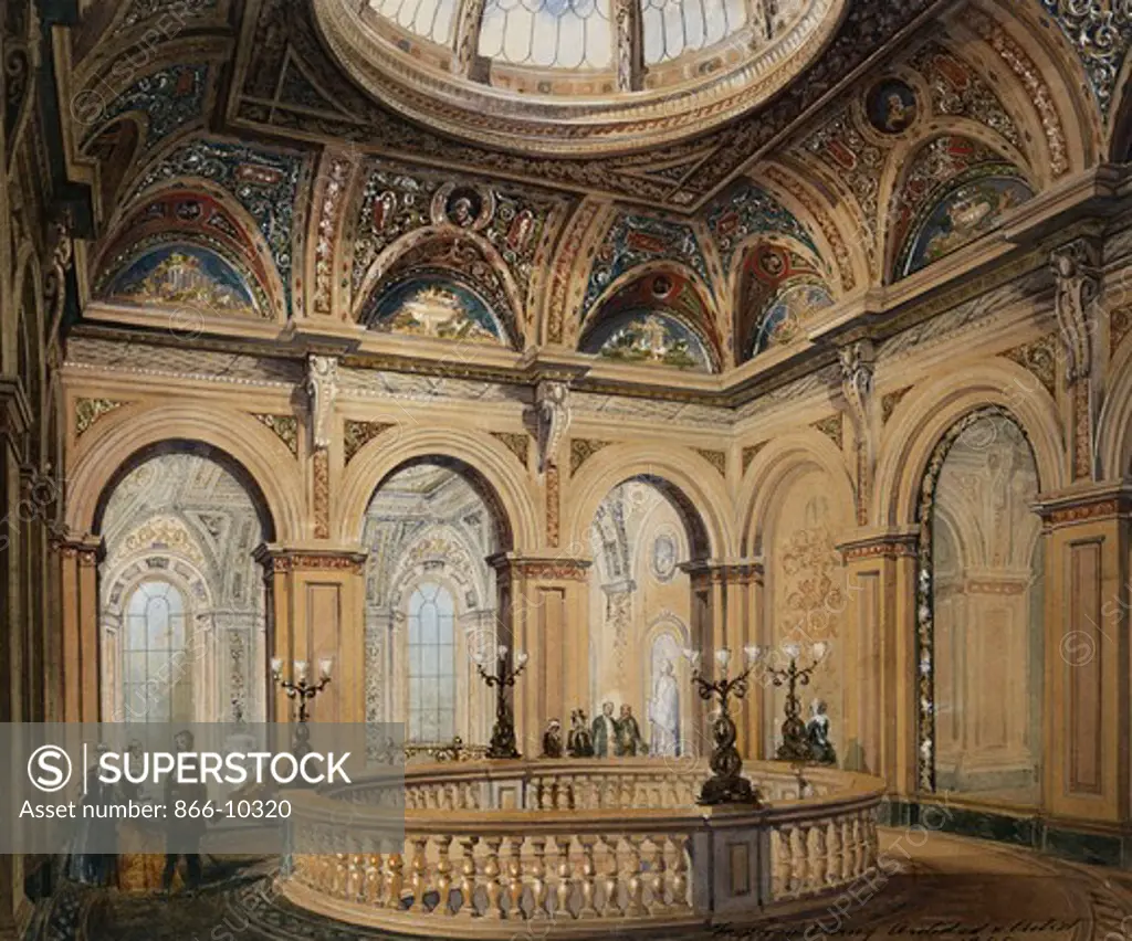 Interior Views of the Conservative Club: Entrance Hall and Grand Staircase Frederick Sang (fl.1840-1884). Pencil and watercolour. Dated 1845. The Conservative Club premises opened on 19 Feburary 1845, designed by architects George Basevi and Sydney Smirke with decoration by Sang.
