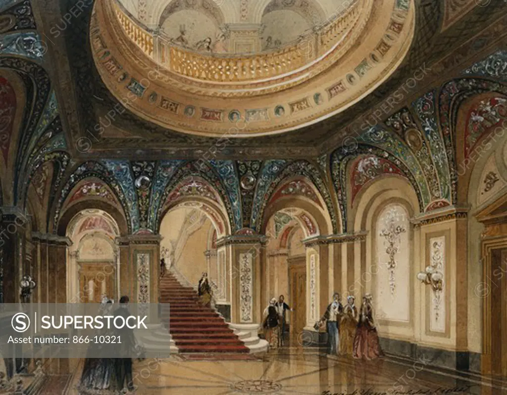 Interior Views of the Conservative Club: Entrance Hall and Grand Staircase Frederick Sang (fl.1840-1884). Pencil and watercolour. Dated 1845. The Conservative Club premises opened on 19 Feburary 1845, designed by architects George Basevi and Sydney Smirke with decoration by Sang.