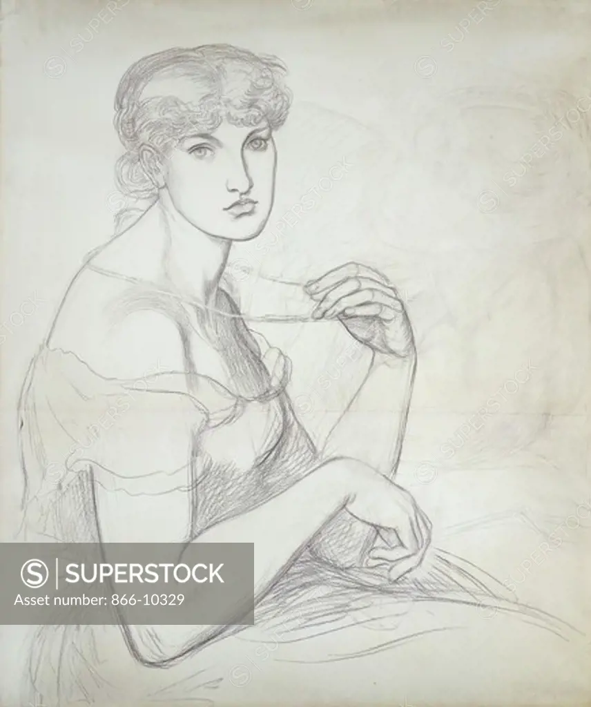 A Seated Woman Holding a Necklace, to the Right Another Female Figure. Dante Gabriel Rossetti (1828-1882). Black chalk, on two joined sheets of pale green paper. 88.9 x 76.2cm. The sitter of portrait is Alice Wilding, who appeared in a number of the artist's other single figure subjects. .