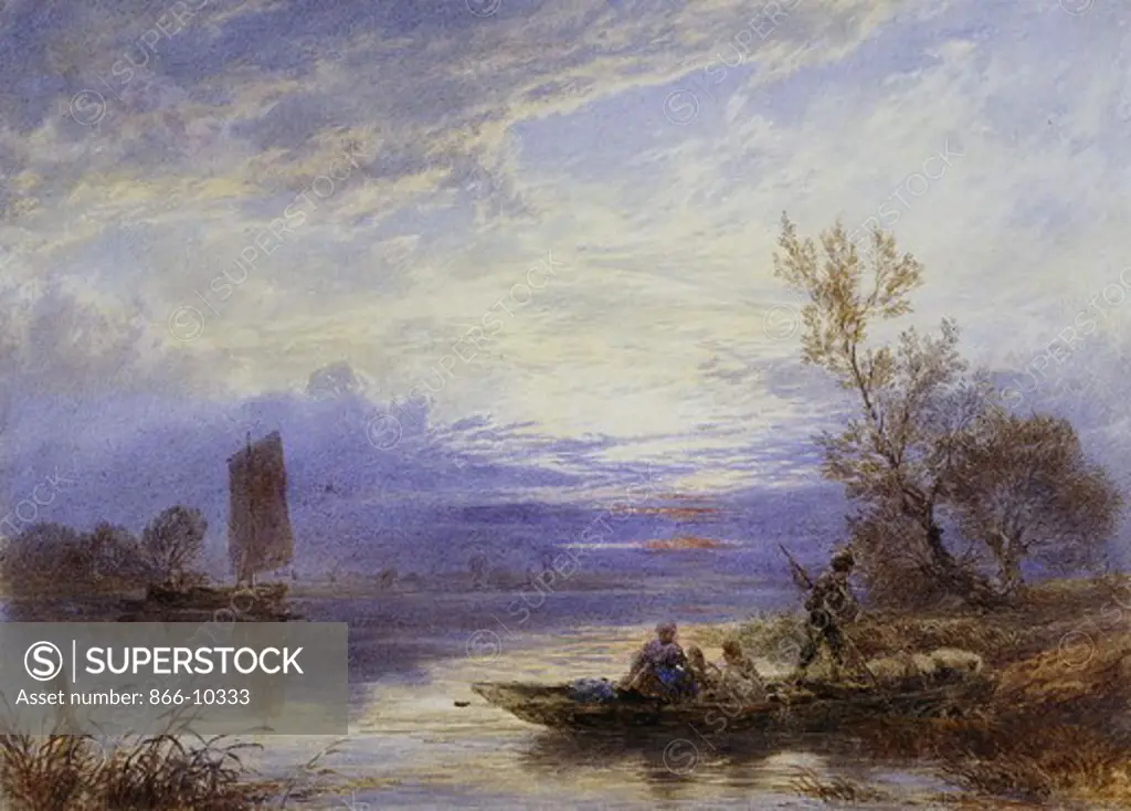 A Ferry at Sunset. Myles Birket Foster (1825-1899). Watercolour with touches of white heightening. 18.7 x 25.7cm.
