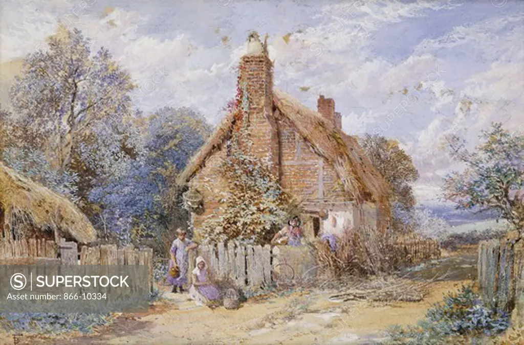 Children by a Thatched Cottage at Chiddingfold. Myles Birket Foster (1825-1899). Pencil, watercolour and bodycolour. 15.2 x 22.9cm.
