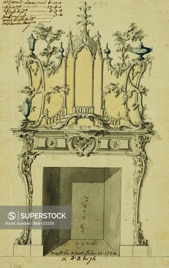 Design for a Chimneypiece. John Linnell (1729-1796). Pen and grey ink, grey, blue and ochre wash. Signed and dated July 22 1754. 17.1 x 11.1cm.