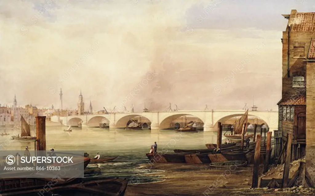 London Bridge Prior to Completion in 1831. George Belton Moore (1805-1875). Pen and brown ink and watercolour heightened with white. 35.6 x 55.9cm.