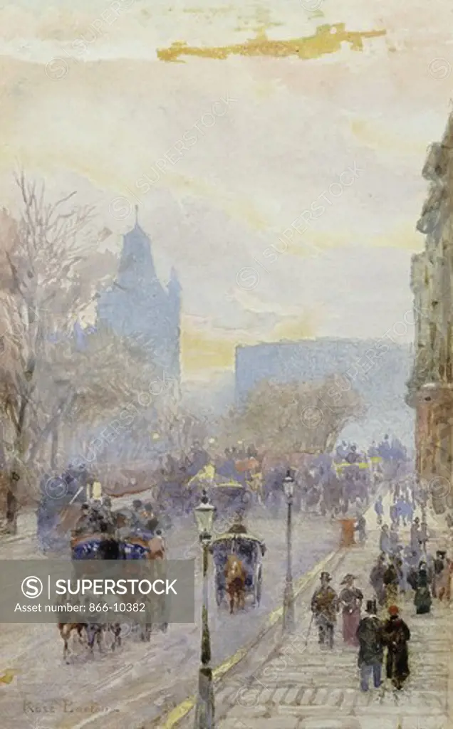 A Street in London. Rose Barton (1865-1929). Pencil and watercolour heightened with white. 16.5 x 10.7cm.
