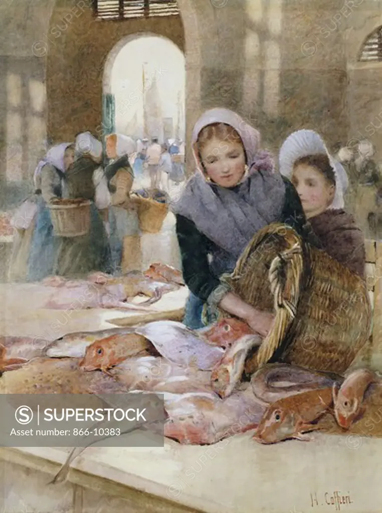 Women in the Fish Market, Boulogne (). Hector Caffieri (1847-1932). Pencil and watercolour heightened with white. 60.9 x 44.4cm.