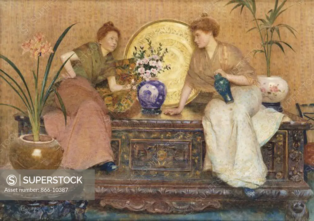Two Ladies Sitting on a Chest by a Cairo Ware Tray and a Vase of Flowers. Hector Caffieri (1847-1932). Watercolour heightened with white. 52.7 x 74.8cm.