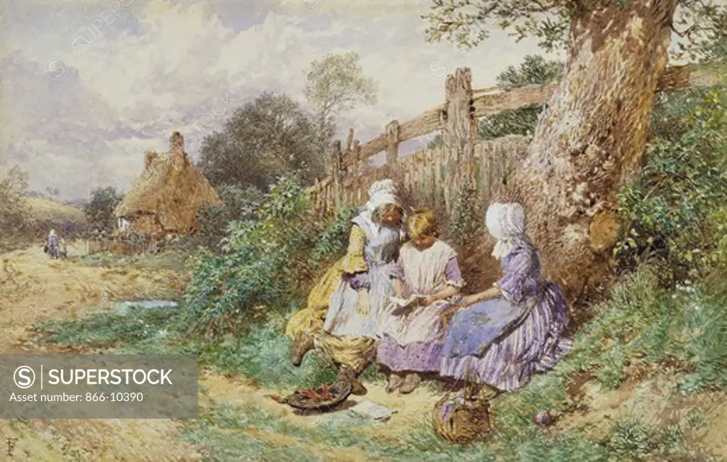 Children Reading Beside a Country Lane. Myles Birket Foster (1825-1899). Pencil and watercolour heightened with white. 13.6 x 20.9cm.