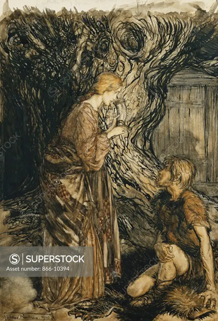 An Illustration to The Rheingold and the Valkyrie: 'Sieglinde: This Healing and Honeyed Draught of Mead Design to Accept from Me. Siegmund: Set it First to Thy Lips.' Arthur Rackham (1867-1939). Pen and black ink and watercolour. Signed and dated 1910. 27.9 x 19.1cm.