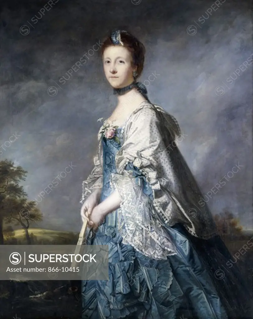 Portrait of Anne, Countess Winterton, Standing three-quarter length, Wearing a Blue Dress, and Lace-Trimmed Shawl, Holding a Fan, in a Landscape. Sir Joshua Reynolds (1723-1792). Oil on canvas. 126.8 x 101.9cm.