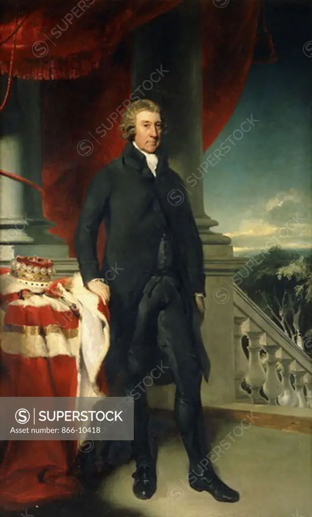 Portrait of Thomas, 1st Viscount Cremorne, Standing full length, in a Dark Jacket and Breeches, on a Terrace, with His Right Hand Resting on a Table on Which are His Coronet and Peer's Robes, with Steps Leading to a Park Beyond. Sir Thomas Lawrence (1769-1830). Oil on canvas. 241.3 x 144.8cm.