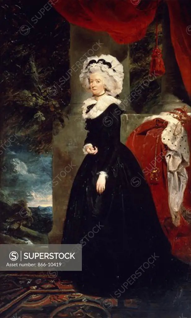 Portrait of Philadelphia Hannah, Viscountess Cremorne, Standing Full Length in a Black Dress, with a White Collar and White Cap Trimmed with a Black Ribbon, on a Turkey Carpet, Her Peeress's Coronet and Robes on a Ledge, and an Extensive Landscape Beyond. Sir Thomas Lawrence (1769-1830). Oil on canvas. 241.3 x 144.8cm.