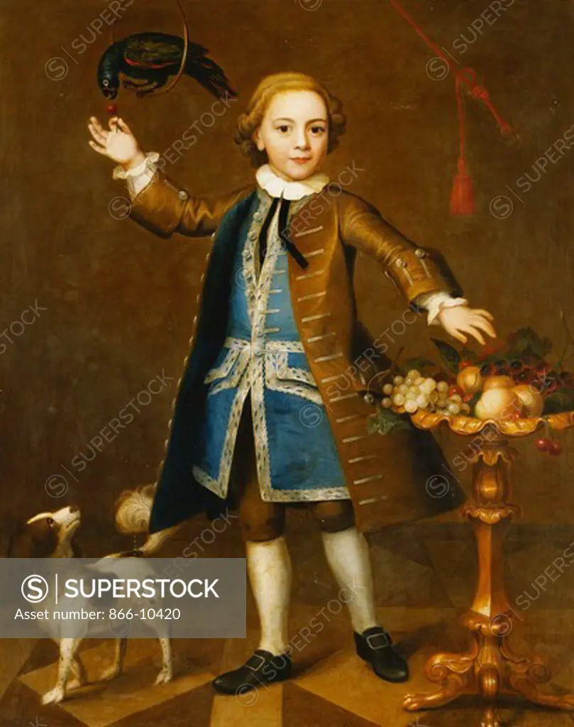 Portrait of a Boy, Full-Length, in a Brown Coat, Blue Waistcoat with Silver Braid, Holding a Cherry to a Parrot, a Spaniel to His Side, with Fruits on a Stand. John Theodore Heins, Sr. (1697-1756). Oil on canvas. Dated 1741. 127 x 101.6cm.