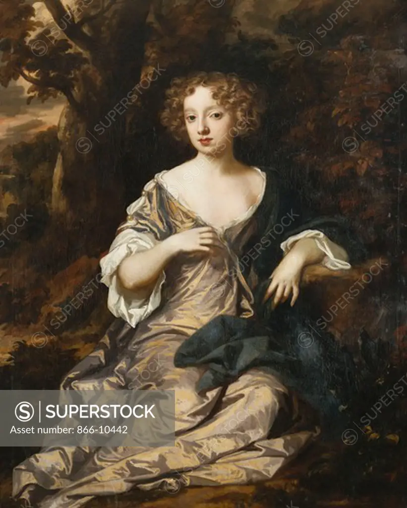 Portrait of a Lady, seated full length, in a Wooded Landscape, Wearing a Violet Silk Dress with White Sleeves and  Trimmings. Sir Peter Lely (1618-1680). Oil on canvas. 101 x 125.7cm.