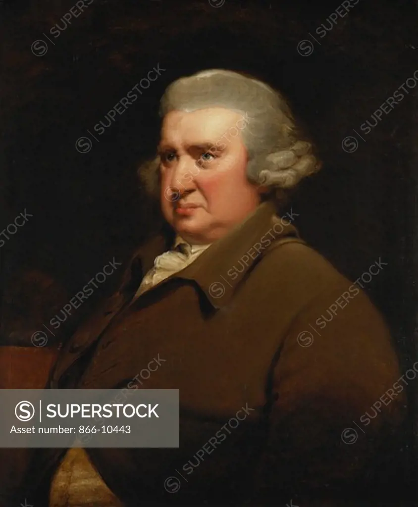 Portrait of Erasmus Darwin, half length, in a Buff Coat and White Shirt. Joseph Wright of Derby (1734-1797). Oil on canvas. 73.6 x 61cm. The sitter was distinguished in many fields, as a physician, chemist, zoologist, mechanic, political theorist, poet and botanist.