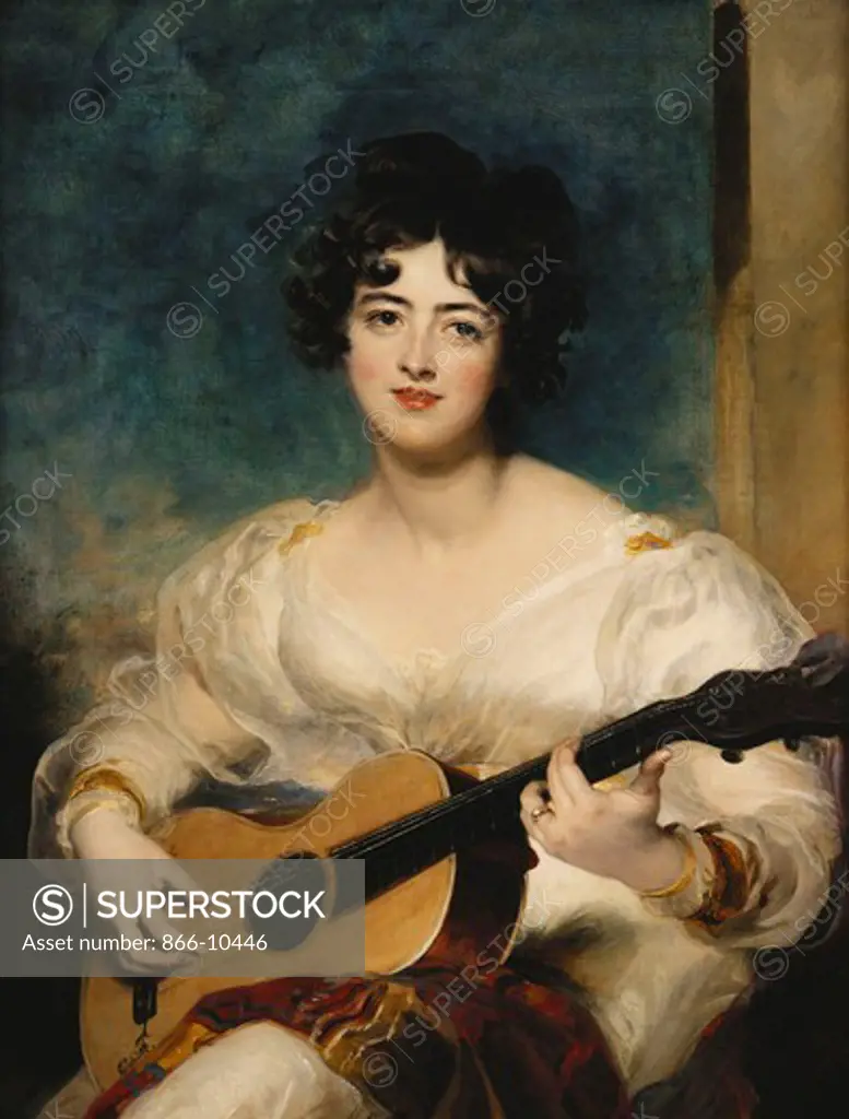 Portrait of Lady Wallscourt, Seated half length, Wearing a White Dress, and a Striped Scarf Across Her Knees, Playing a Guitar. Sir Thomas Lawrence (1769-1830). Oil on canvas. 90.1 x 69.8cm. Elizabeth Wallscourt (1805-1877) was the daughter of William Lock II, and married the 3rd Lord Wallscourt in 1822.