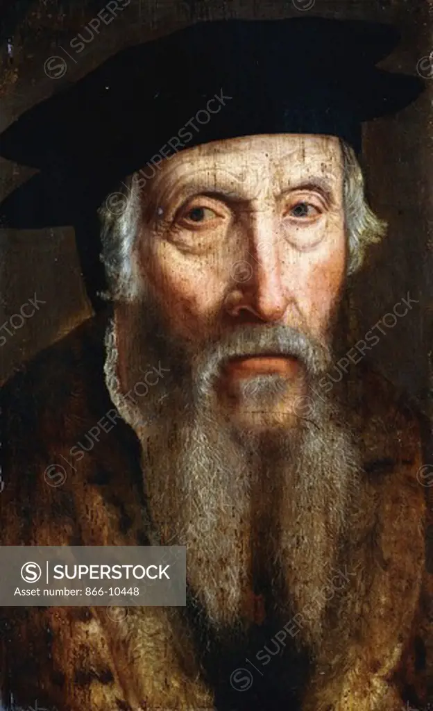 Portrait of a Bearded Man, Bust Length, in a Fur Trimmed Coat and Black Hat. Attributed to John Bettes the Elder (fl.1531-76). Oil on panel. 34.2 x 21.5cm. Painted circa 1547.