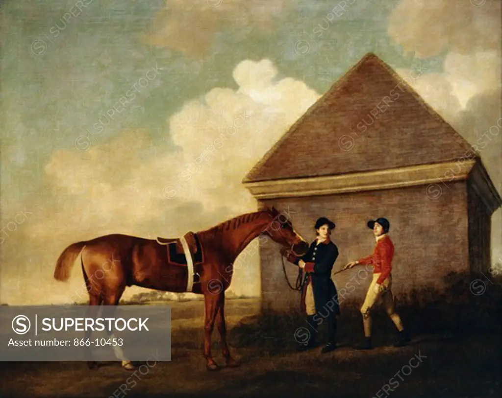 Eclipse', a Dark Chestnut Racehorse held by a Groom, with a Jockey, Possibly Jack Oakley, by the Rubbing Down House at Newmarket. George Stubbs (1724-1806). Oil on canvas. Dated 1770. 101.6 x 127.3cm.