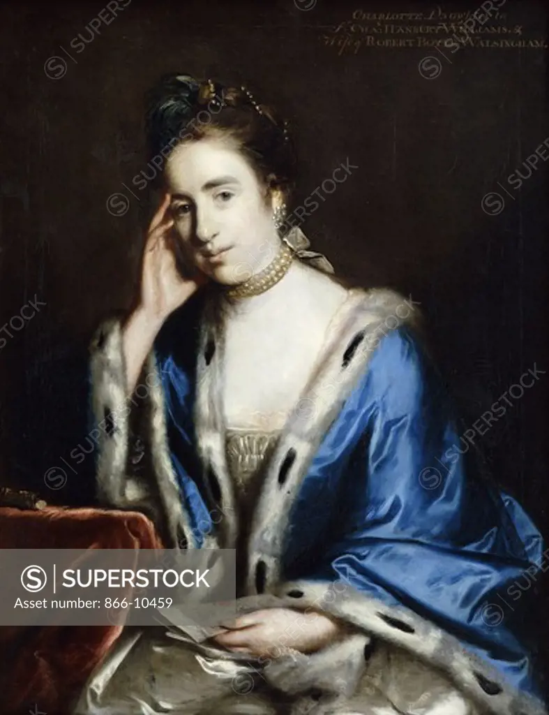 Portrait of Charlotte Walsingham, Seated half length, in a White Dress and Blue Cape Trimmed with Ermine, and a Pearl Necklace, Holding a Letter in Her Left Hand, Her Right Arm Resting on a Draped Ledge. Sir Joshua Reynolds (1723-1792). Oil on canvas. 92.1 x 72.1cm.
