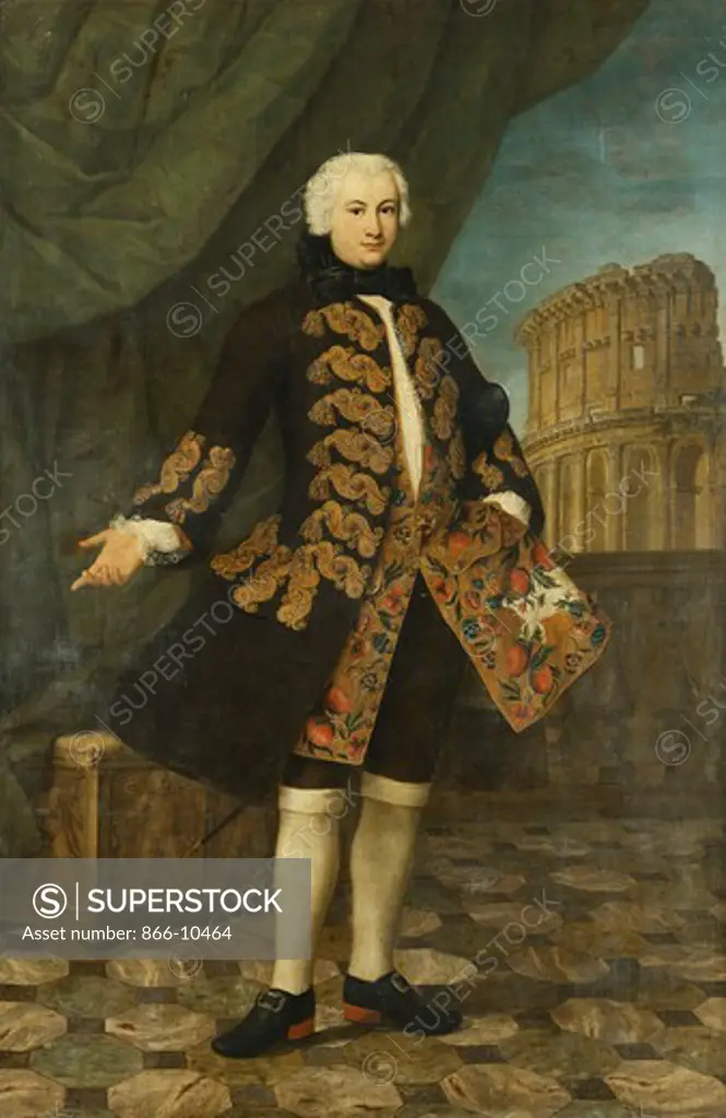 Portrait of William Perry, Aged 21, Standing, Full Length, in a Gold Embroidered Brown Coat, by a Balustrade, with the Colosseum Beyond. Antonio David (1698-1750). Oil on canvas. 122.2 x 147.3cm.