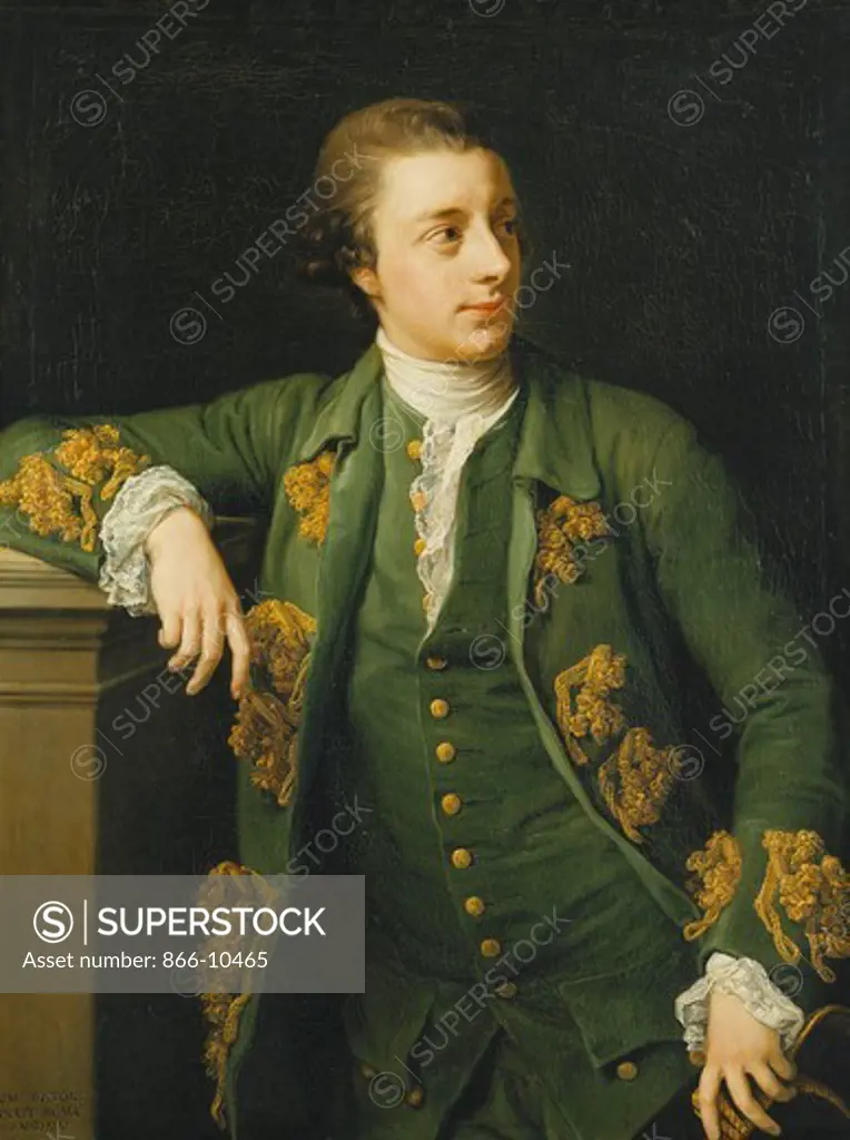 Portrait of Thomas Fortescue, M.P., standing, three quarter length, Wearing a Green Coat and Waistcoat, Leaning his Right Arm on a Pedestal and Holding a Tricorn Hat in his Left Hand. Pompeo Girolamo Batoni (1708-1787). Oil on canvas. 99 x 75.5cm. Signed and dated Roma 1767.