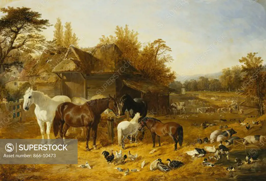 A Farmyard with Horses and Ponies, Berkshire, Saddlebacks, Alderney Shorthorn Cattle, Bantams, Mallard and Guinea Fowl, with a Country Mansion by a River in the Distance. John Frederick Herring, Sr. (1795-1865). Oil on canvas. Dated 1853. 121.9 x 177.8cm.