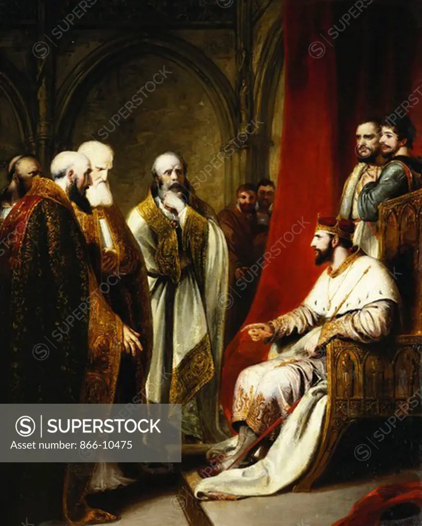 Henry III Replying to the Archbishop of Canterbury and the Bishops of Salisbury, Winchester and Carlisle, Who Were Demanding a Reformation in the State. Richard Westall (1765-1836). Oil on canvas laid down on panel. 126.9 x 101.6cm.