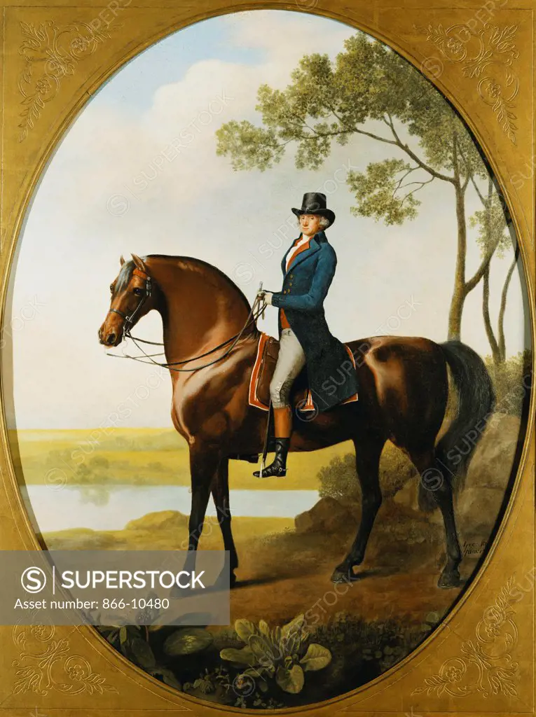 Portrait of Warren Hastings, Small Full Length, on His Celebrated Arabian, Wearing a Blue Coat and Grey Breeches, in a Landscape. George Stubbs (1724-1806). Enamel on Wedgwood biscuit earthenware. Signed and dated 1791. 92.1 x 71.1cm.