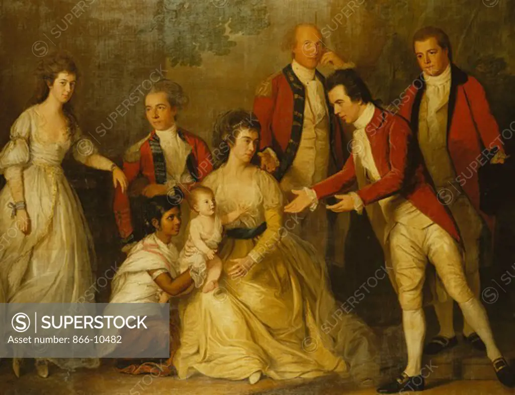 A Group Portrait of a Christening Party with a Lady Seated Full Length, with Her Husband Behind Her, Her Child Attended by an Ayah and Four Godparents. Thomas Hickey (1741-1824). Oil on canvas. 197.5 x 252.7cm. This picture can be dated post 1798 when the artist was in Madras.