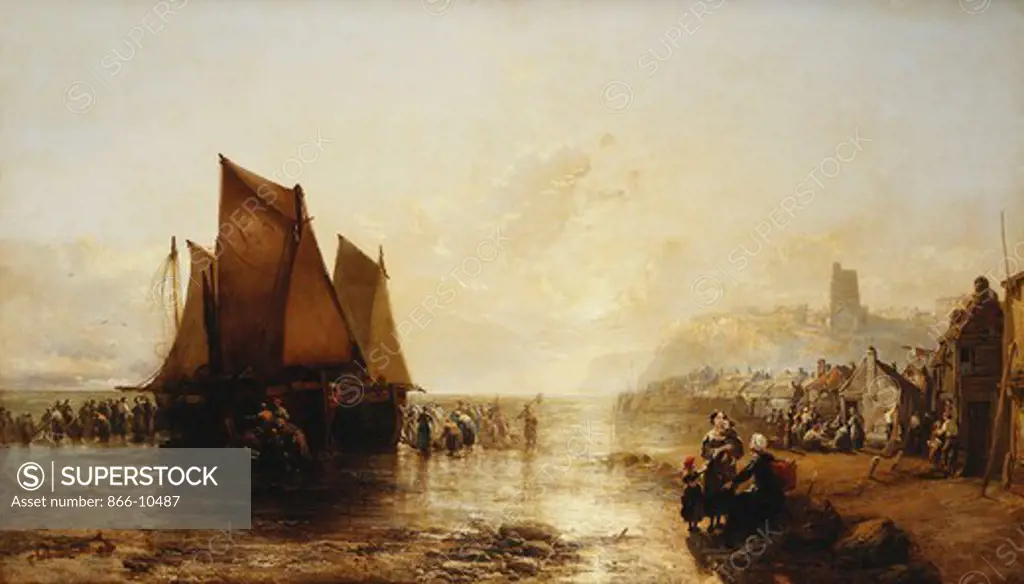 Fisherfolk Landing their Catch on Folkestone Beach. James Webb (1825-1895). Oil on canvas. Dated 1800. 141.5 x 243.8cm.