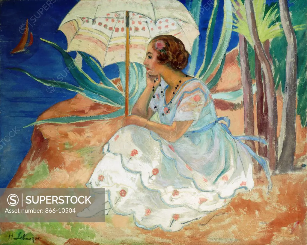 Young woman with an Umbrella, Saint Maxime; Jeune Fille a l'Ombrelle Saint-Maxime. Henri Lebasque (1865-1937). Oil on canvas, c.1918. 73.7 x 92cm
