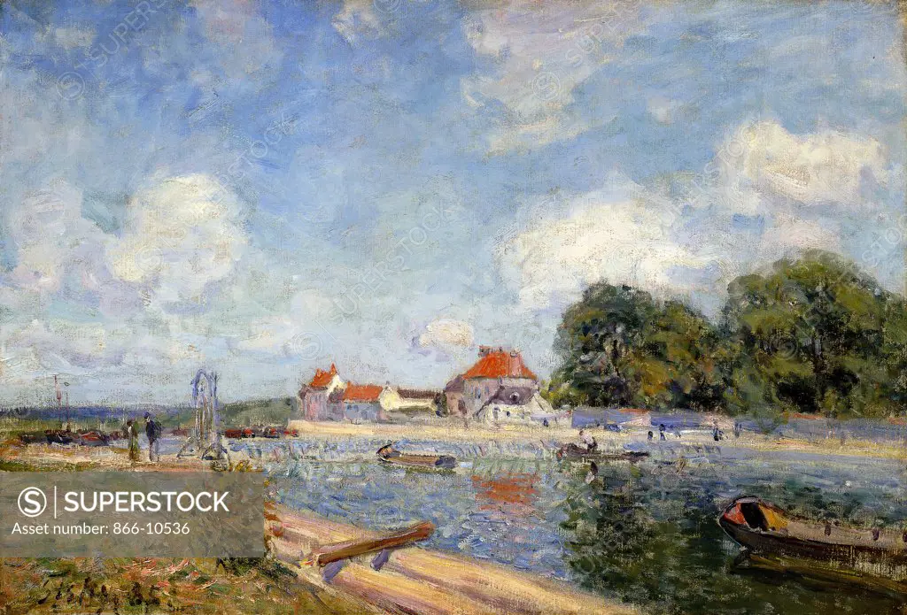 The Weir on the Loing at Saint-Mammes; Le Barrage du Loing a Saint-Mammes. Alfred Sisley  (1839-1899). Oil on canvas. Signed and dated 1885. 38.5 x 56cm