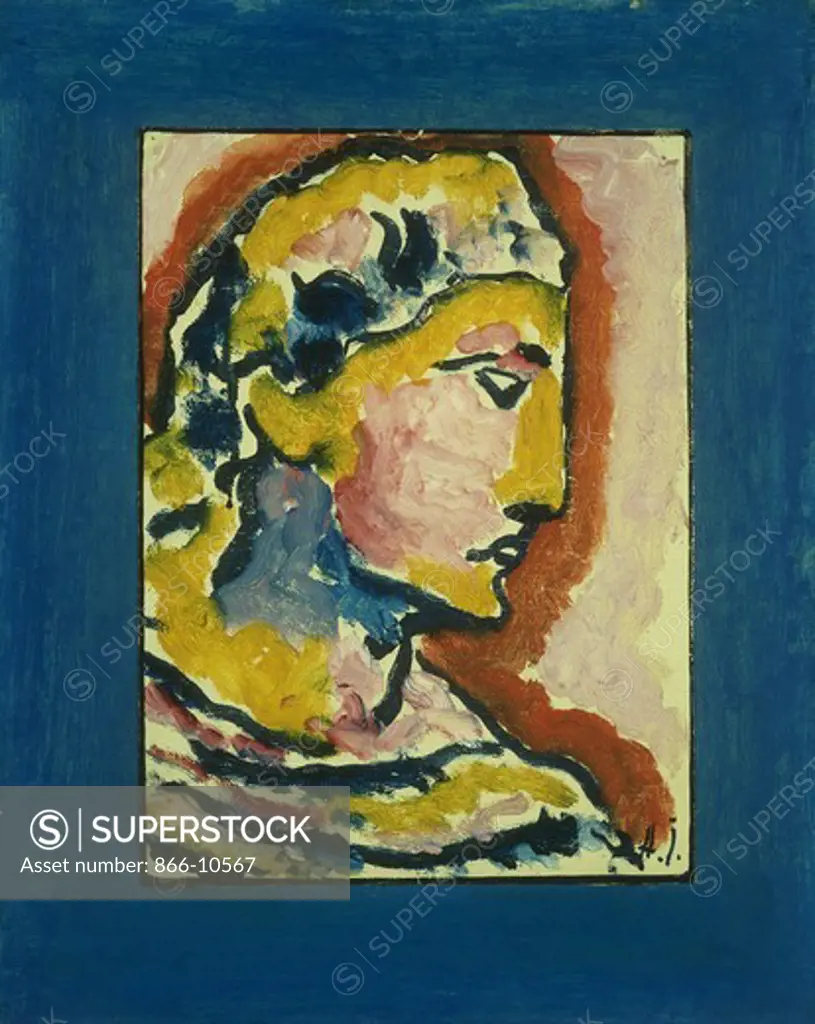 Head; Kopf. Alexej von Jawlensky  (1864-1941). Oil on canvas laid on artist's board. Painted in 1930. 35.3 x 27.9cm