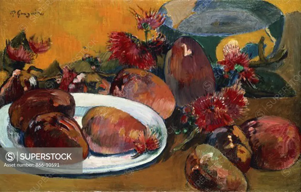 Still Life with Mangoes; Nature Morte aux Mangoes.  Paul Gauguin (1848-1903). Oil on canvas. Painted circa 1896. 30.2 x 47.4cm.