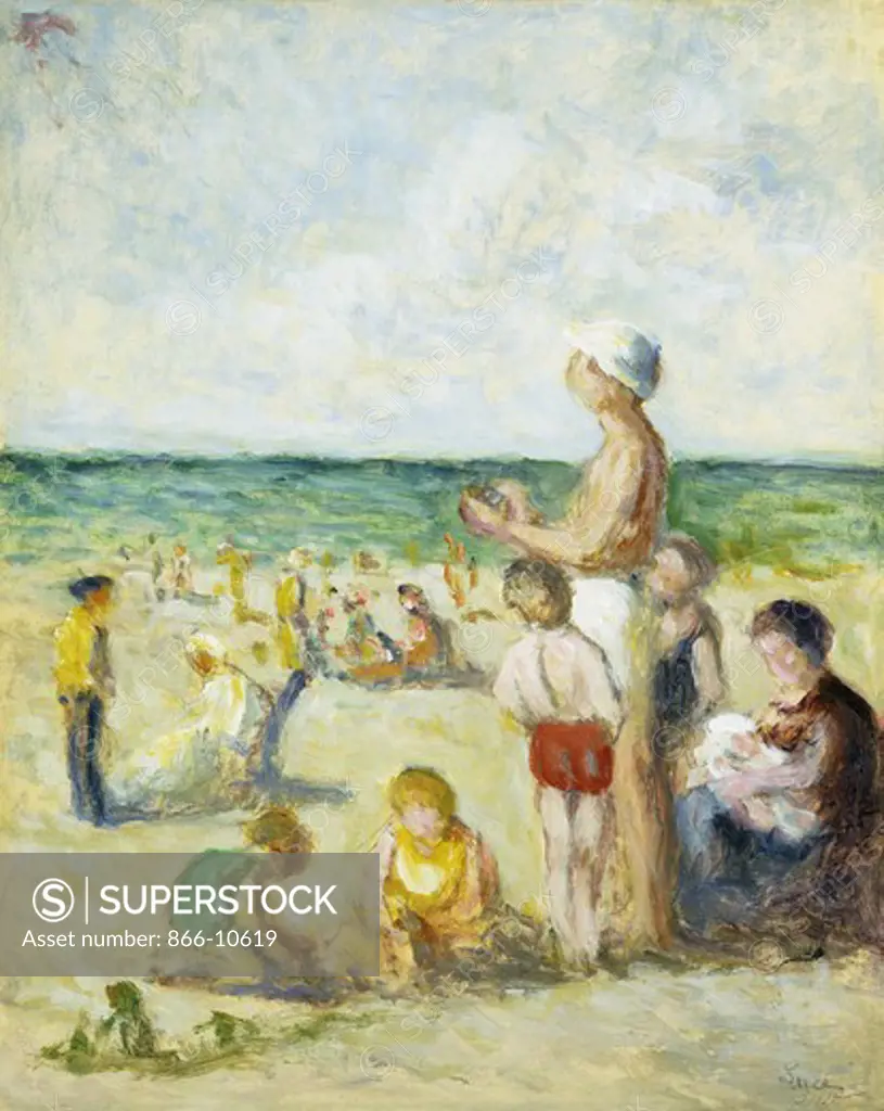 On the Beach in Normandy; Sur la Plage en Normandie. Maximilien Luce (1858-1941). Oil on paper laid down on canvas. Painted  c.1930. 39.5 x 31.5cm
