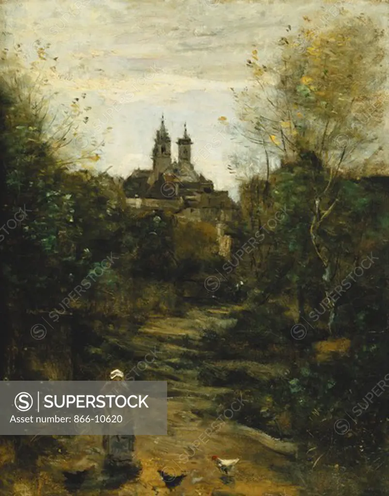 Semur, The Way to Church; Semur, Le Chemin de l'Eglise. Jean Baptiste Camille Corot (1896-1975). Oil on panel. Painted circa 1855-1860 and 1872-1873. 42 x 33cm.