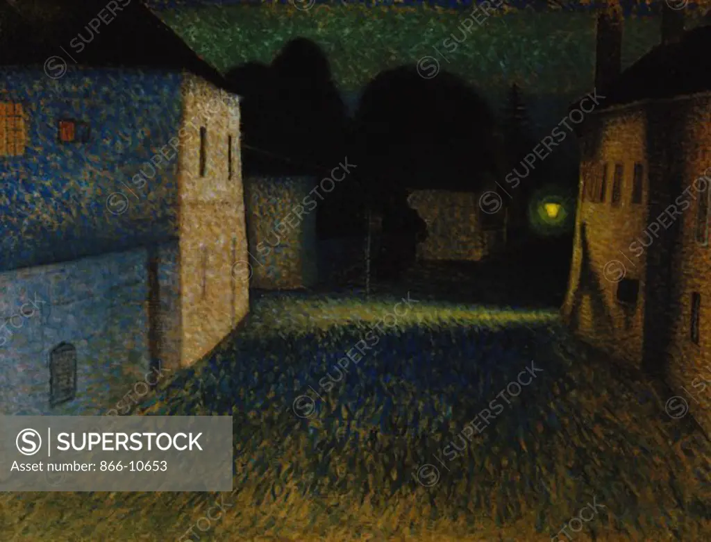 A Street Scene at Night. Rudolf Paul Hirschenhauser (born 1882). Oil on canvas. 73.5 x 98cm.