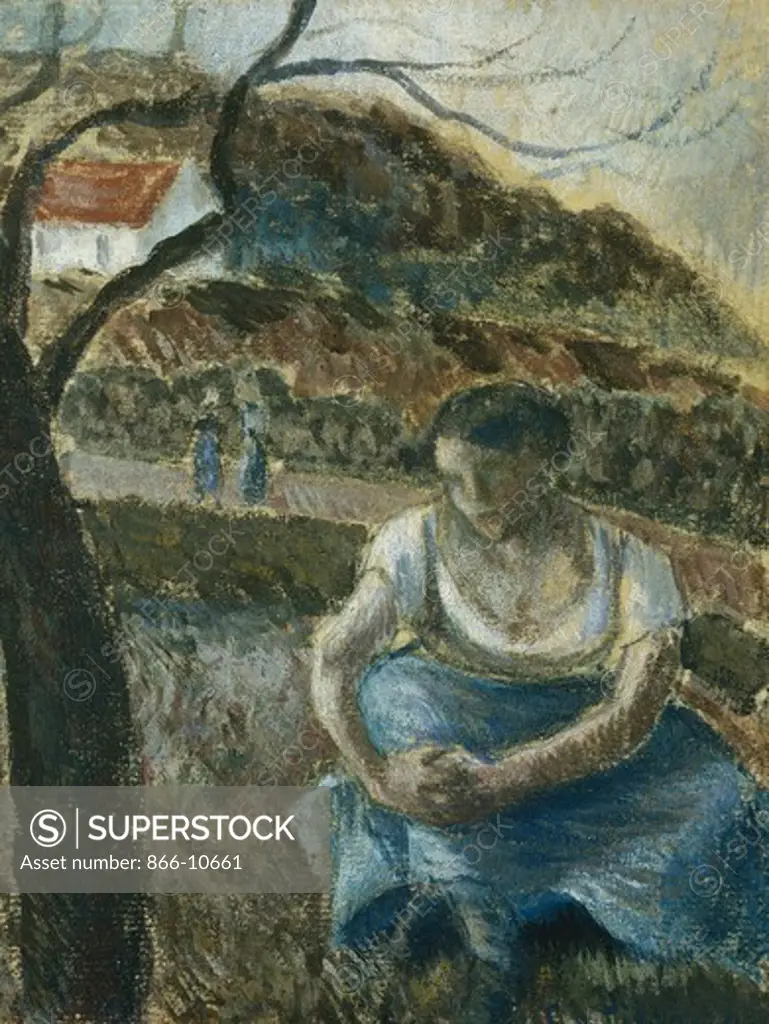 Seated Peasant; Paysanne Assise. Camille Pissarro (1831-1903). Thick gouache on linen laid down on canvas. Painted circa 1880. 19 x 15cm.