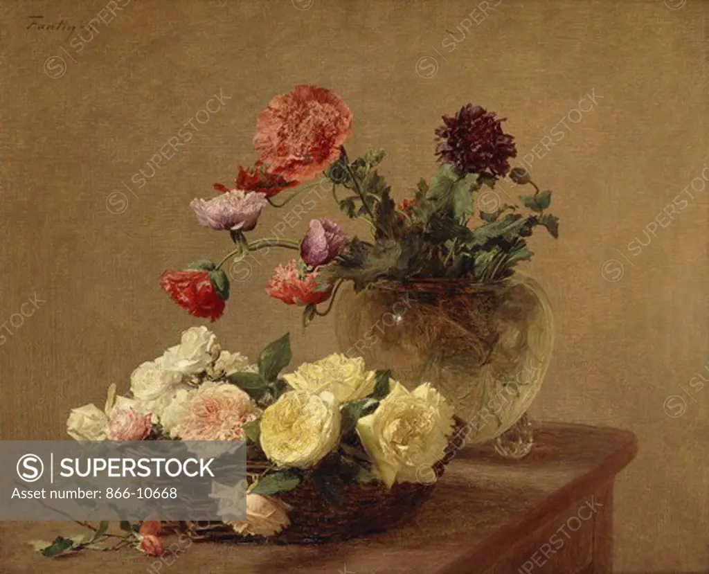 Poppies in a Crystal Vase and Roses in a Basket; Pavots Dans Un Vase De Cristal; Panier De Roses.  Henri Fantin-Latour (1863-1904).  Oil on canvas. Painted in 1890.  60 x 73cm