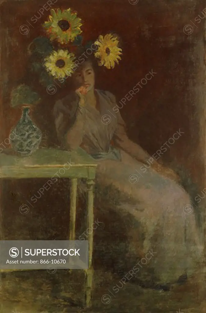 Suzanne with Sunflowers; Suzanne aux Soleils. Claude Monet (1840-1926). Oil on canvas. Painted c. 1889 at Giverny.  162 x 107cm