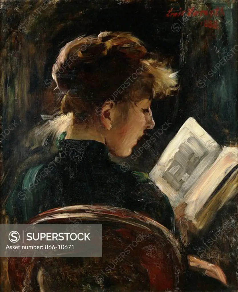 Woman Reading; Lesendes Madchen.  Lovis Corinth (1858-1925). Oil on canvas. Signed and dated 1888. 67.3 x 54.5cm