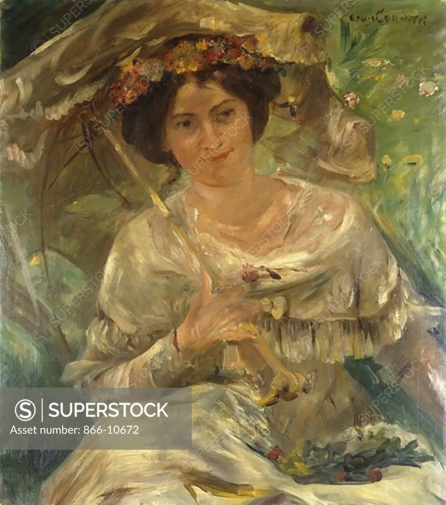 Woman in the Sunshine; Dame im Sonnenschein. Lovis Corinth (1858-1925). Oil on canvas. Painted in 1910 in Thaur,Tirol, where the artist rented a house for the summer. 85 x 75cm