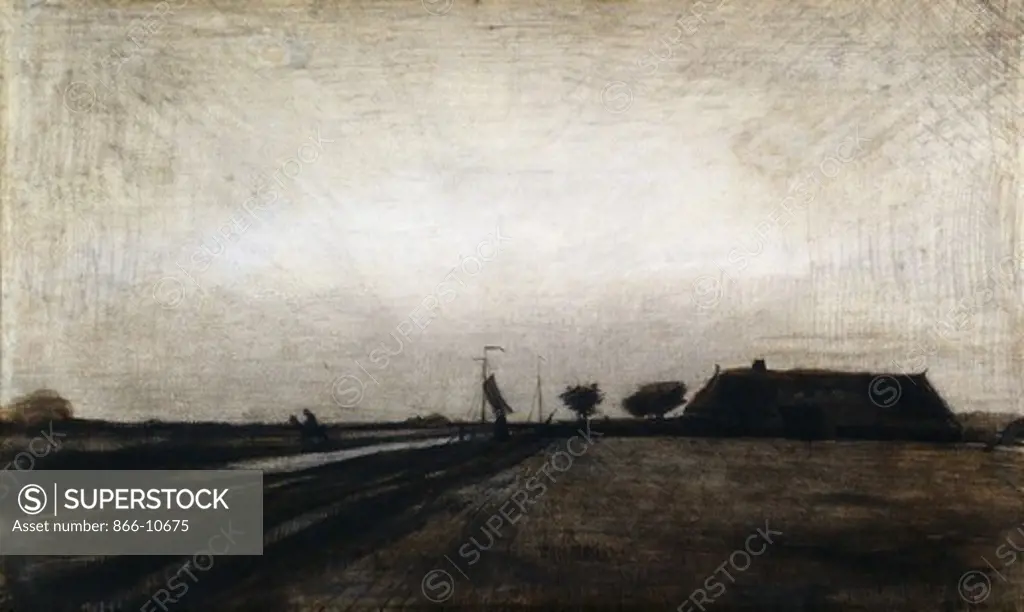 Sunrise; Le Lever du Soleil. Vincent van Gogh (1853-1890). Pen and brown ink, brown wash, pencil, heightened with white. Painted in 1883. 31 x 41.5cm. Executed in Drenthe.