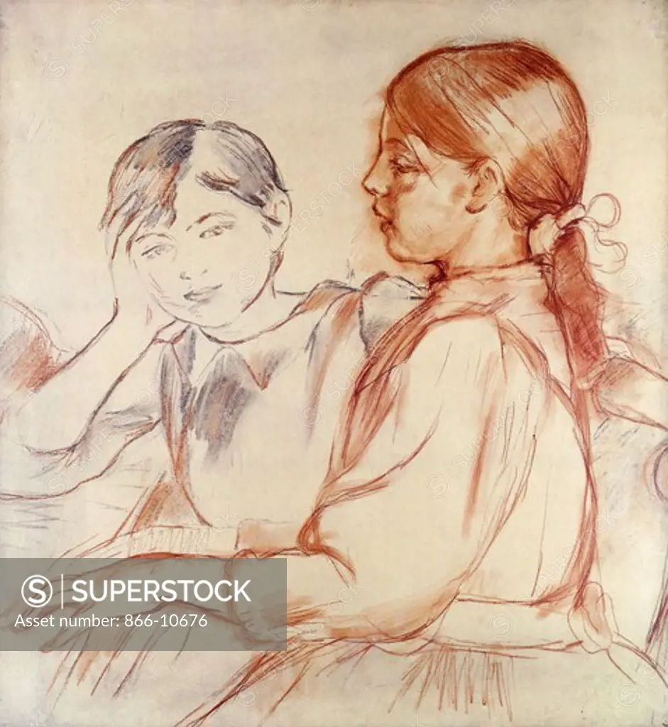Julie Manet and Jeannie Gobillard at the Piano; Julie Manet et Jeannie Gobillard au Piano. Berthe Morisot (1841-1895). Red chalk and soft pencil on tracing paper. Executed in 1887-88. 58.5 x 54.5cm. Painted at the artist's house in Paris. The artist's niece Jeannie is seen playing, with his daughter Julie listening.